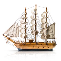 Model Of The Wooden Antique Schooner Isolated On White Background