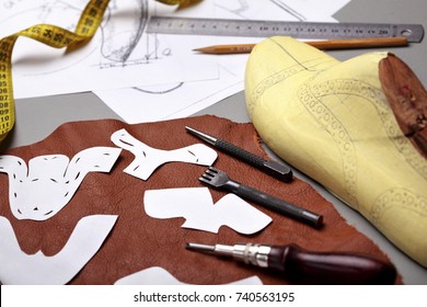 Modelling Design Of A Shoes.Workplace Of Shoe Designer Selective Focus.Copy Space.