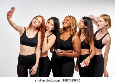models of different ethnicity using mobile phone, taking photo, selfie. isolated white background