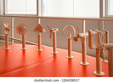 Models of different types of wind turbines. Closeup. Selective focus