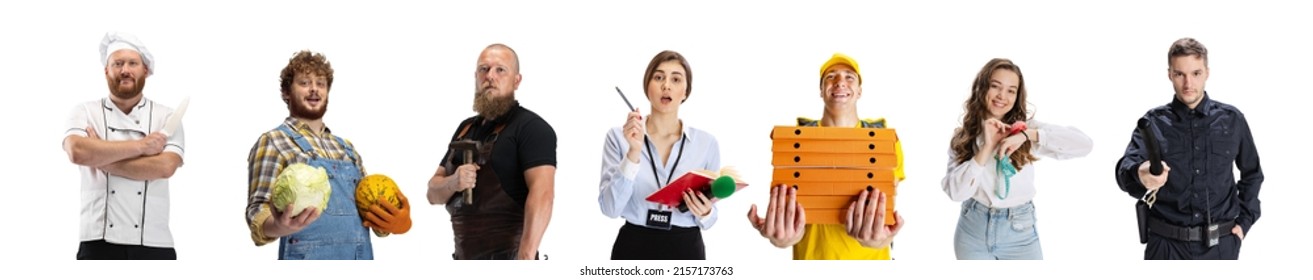 Models In Image Of Cook, Farmer, Blacksmith, Designer And Policeman. Set Of Gender And Age Mixed People With Different Professions, Jobs Standing Isolated On White Background. Flyer, Collage