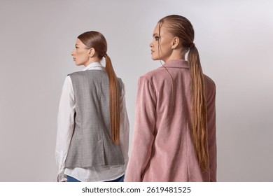 Models pose back-to-back in a studio, dressed in stylish neutral outfits with long hair pulled back. focus is on contemporary fashion and the unique textures of their clothing choices.