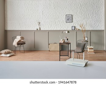 Modem On The Table And Close Up, Decorative Living Room Home Concept Background Style.