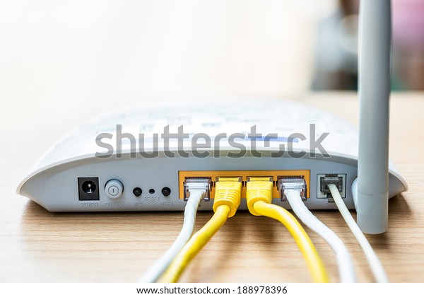 Modem router\
network hub with cable\
connecting