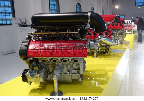 Modena / Italy\
- 01/13/2019: Ferrari engine - Ferrari racing car engines exhibited\
at the Ferrari Museum in\
Modena