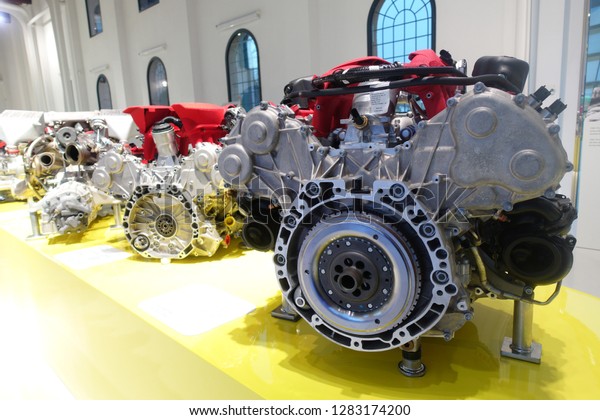 Modena / Italy - 01/13/2019:\
Ferrari racing car engines exhibited at the Ferrari Museum in\
Modena