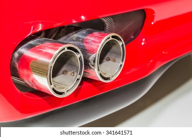 MODENA, ITALY - APRIL 2015: Museum  Enzo Ferrari Modena. Red Ferrari 575 Superamerica 2005. Rear View. 