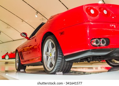 MODENA, ITALY - APRIL 2015: Museum  Enzo Ferrari Modena. Red Ferrari 575 Superamerica 2005. Rear View. 