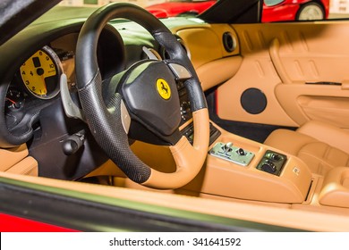 MODENA, ITALY - APRIL 2015: Museum  Enzo Ferrari Modena. Red Ferrari 575 Superamerica 2005. View Of Car Cabin. 