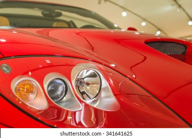 MODENA, ITALY - APRIL 2015: Museum  Enzo Ferrari Modena. Red Ferrari 575 Superamerica 2005. Front View. 