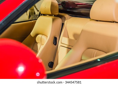 MODENA, ITALY - APRIL 2015: Museum Enzo Ferrari Modena. Red Ferrari 575 Superamerica 2005. View Of Car Cabin.