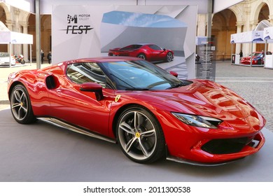 Modena, Italy, July 1 2021 - Ferrari 296 GBT Sport Car Detail, Motor Valley Exibition