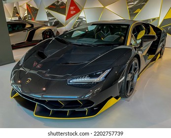 Modena, Italy - July 9, 2022: Vehicles And Exhibits At The Lamborghini Museum In Italy

