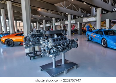 Modena, Italy - July 9, 2022: Vehicles And Exhibits At The Lamborghini Museum In Italy
