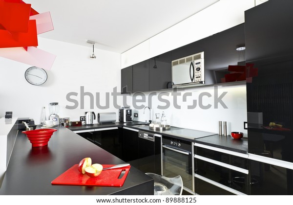 Moder Black White Kitchen Interior Red Royalty Free Stock