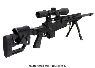 modern .338 caliber sniper rifle with bipod isolated on white background