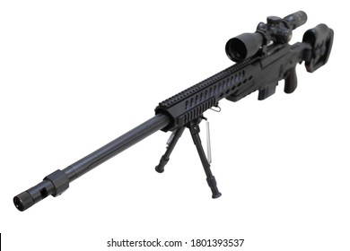 modern .338 caliber sniper rifle with bipod isolated on white background. Selective focus on barrel front.