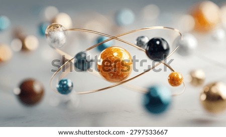 Modern abstract 3D rendering of an atomic or molecular structure with colorful spheres orbiting a central core. Ideal for science, technology, data, and innovation concepts.