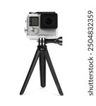 Modern action camera and tripod isolated on white