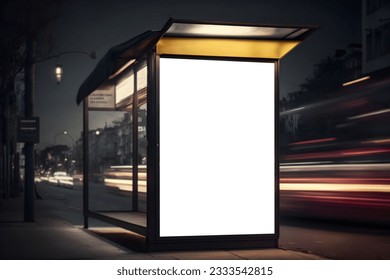 Modern Advertisement billboard in street, Vertical blank digital billboard mockup at bus stop in city street, Outdoor billboard mockup for advertisement placement