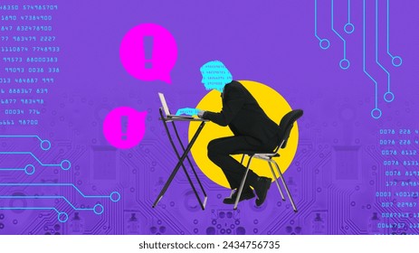 Modern aesthetic artwork. Person's silhouette with digital code sitting at desk with laptop against background with circuits and speech bubbles. Concept of cybersecurity, digital crime, safety. Ad - Powered by Shutterstock