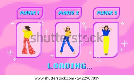 Modern aesthetic artwork. Three young ladies in fashion and glamour outfits looks as game characters. Each model posing in different boxes. Concept of self-expression, fashion trends, online gaming.