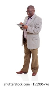 Modern African American Old Man Using Tablet Computer On White Background