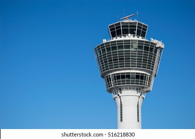 Modern Air Traffic Control Tower In International Passenger Airport Over Clear Blue Sky