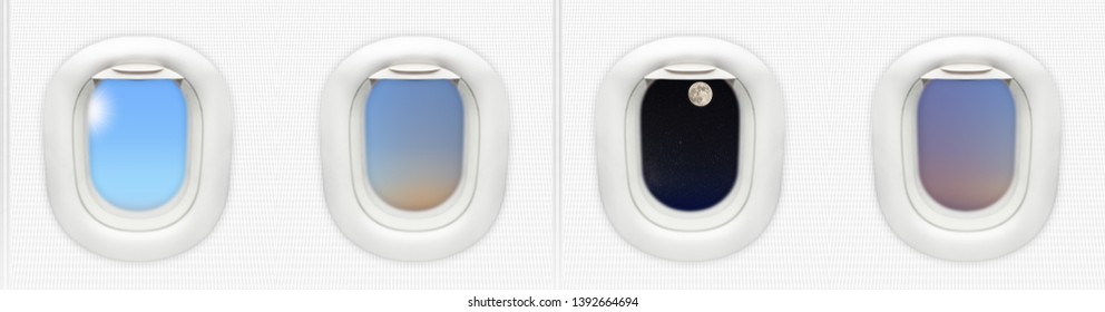 Modern Airplane Cabin Interior Window Wall Side View Of Panel With Window Inside Aircraft Passenger Compartment Seat View Day Blue Sky And Sun Night Moon Evening Sunset Sunrise Outside From Plane