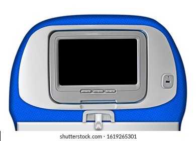 Modern Airplane Travel Seat With Blank Inflight Entertainment System Screen In Headrest Isolated On White Background. Back Interior View Of Passenger Chair With Touchscreen. Copy Space Design Template