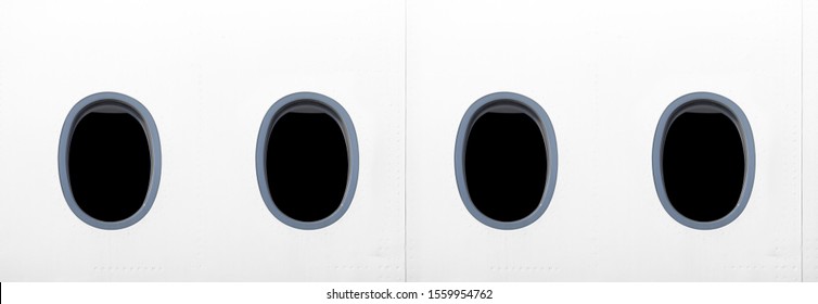 Modern Airplane Window Of Passenger Cabin Isolated On White Fuselage Side Exterior Wide View. Aircraft Windows Closeup Detailed Design Reference With Black Glass. Plane Parts Panorama Photo