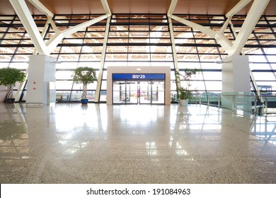 Modern airport interior glass wall aisle window and door