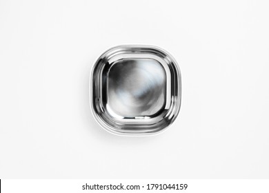 Modern Airtight Thermal Food And Beverages Container Equipment Isolated On White Background. Stainless Steel Tiffin Box.High Resolution Photo.