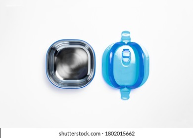 Modern Airtight Thermal Food And Beverages Container Equipment Isolated On White Background. Stainless Steel Tiffin Box.High Resolution Photo.