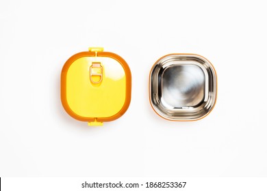 Modern Airtight Thermal Food And Beverages Container Equipment Isolated On White Background. Stainless Steel Tiffin Box.High Resolution Photo.