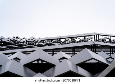 Modern Aluminium Composite Material Architecture Gray Color And Hexagon Shape Popup Texture On Exterior Facade Building.