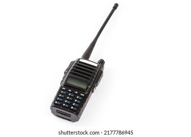 Modern amateur portable handheld transceiver, so-called walkie-talkie or two-way radio on a white background