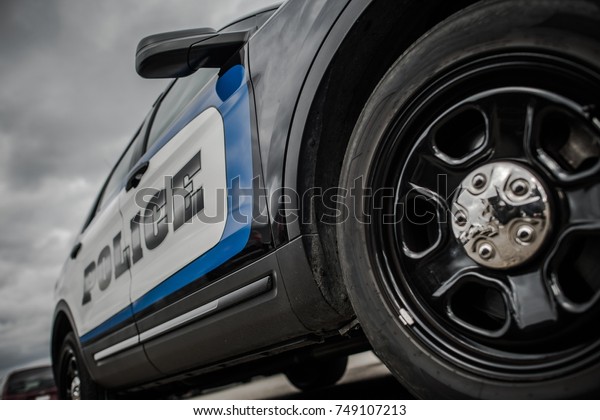 Modern American State Police Cruiser. Sport\
Utility Vehicle Police Interceptor.\
