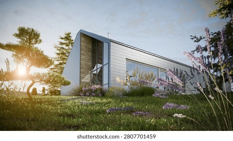 Modern angular barn house with large windows in a green natural landscape
