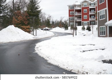 Modern Apartment Building After Winter Snow Storm