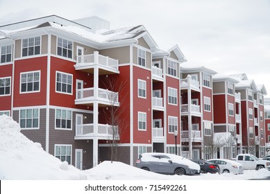 Modern Apartment Building After Winter Snow Storm