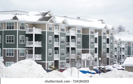 Modern Apartment Building After Winter Snow Storm