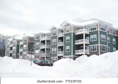 Modern Apartment Building After Winter Snow Storm