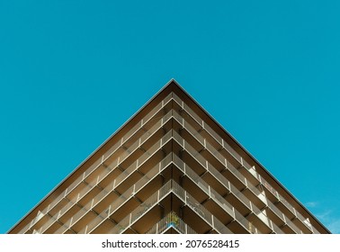 Modern Apartment Building against Clear Sky. Geometry in Architecture. Architectural Photography. Minimal Aesthetics. - Shutterstock ID 2076528415
