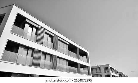 Modern Apartment Building Facade, New Apartment Buildings Exterior. Black And White.