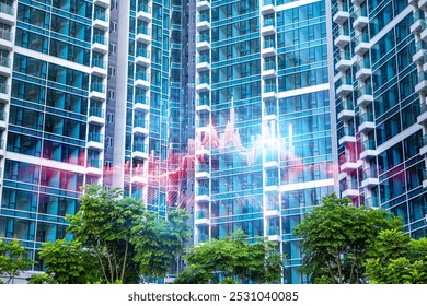 A modern apartment building in Hong Kong with overlapping financial data and statistics, depicting the concept of real estate market fluctuation and crisis. - Powered by Shutterstock - Get 15% off with code: PIKWIZARD15