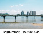 Modern apartment buildings and Wangsong Lake park in Uiwang, Korea