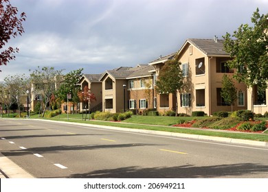 Modern apartment complex in suburban neighborhood