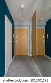 Modern apartment corridor with mirror wall, gray floor tiles and wooden front door