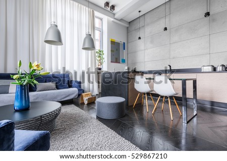 Modern Apartment Kitchen Living Room Combined Stockfoto